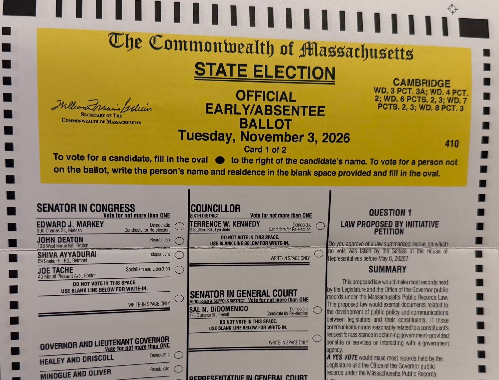 Detail view of a state mail-in ballot for Massachusetts's November 3 Election Day.
