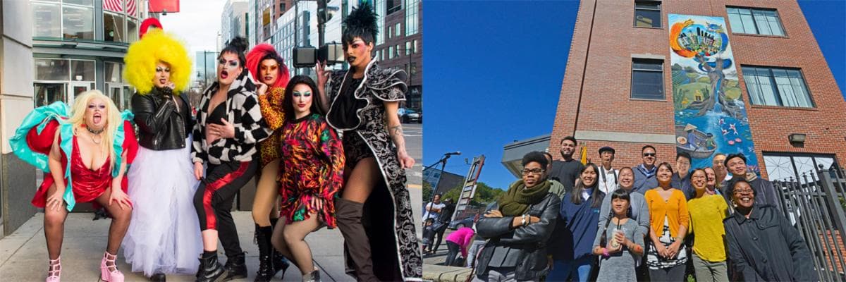 On the left, a group of people from Haus of Threes in costume, and on the right, a group stands in front of A Mural for the Vietnamese People by Ngoc-Tran Vu..